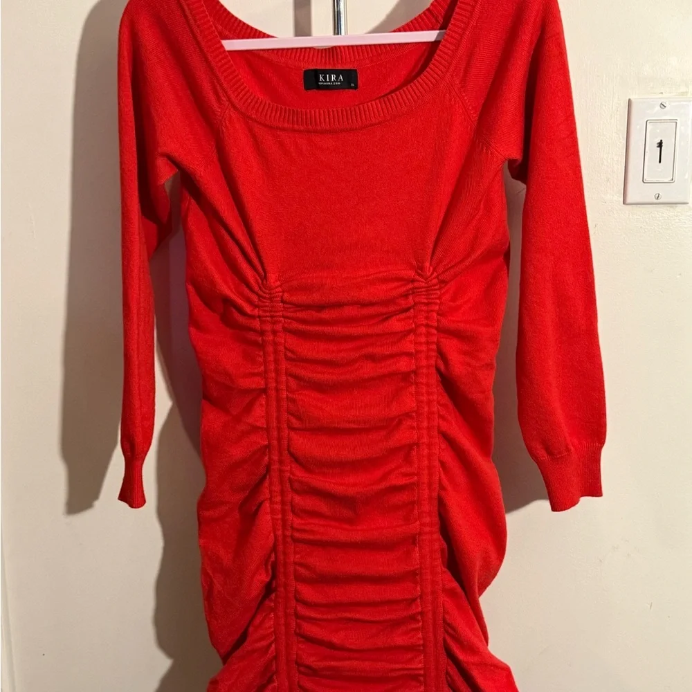 Akira Red Ruched sweater Long Sleeve Dress - Picture 5 of 5